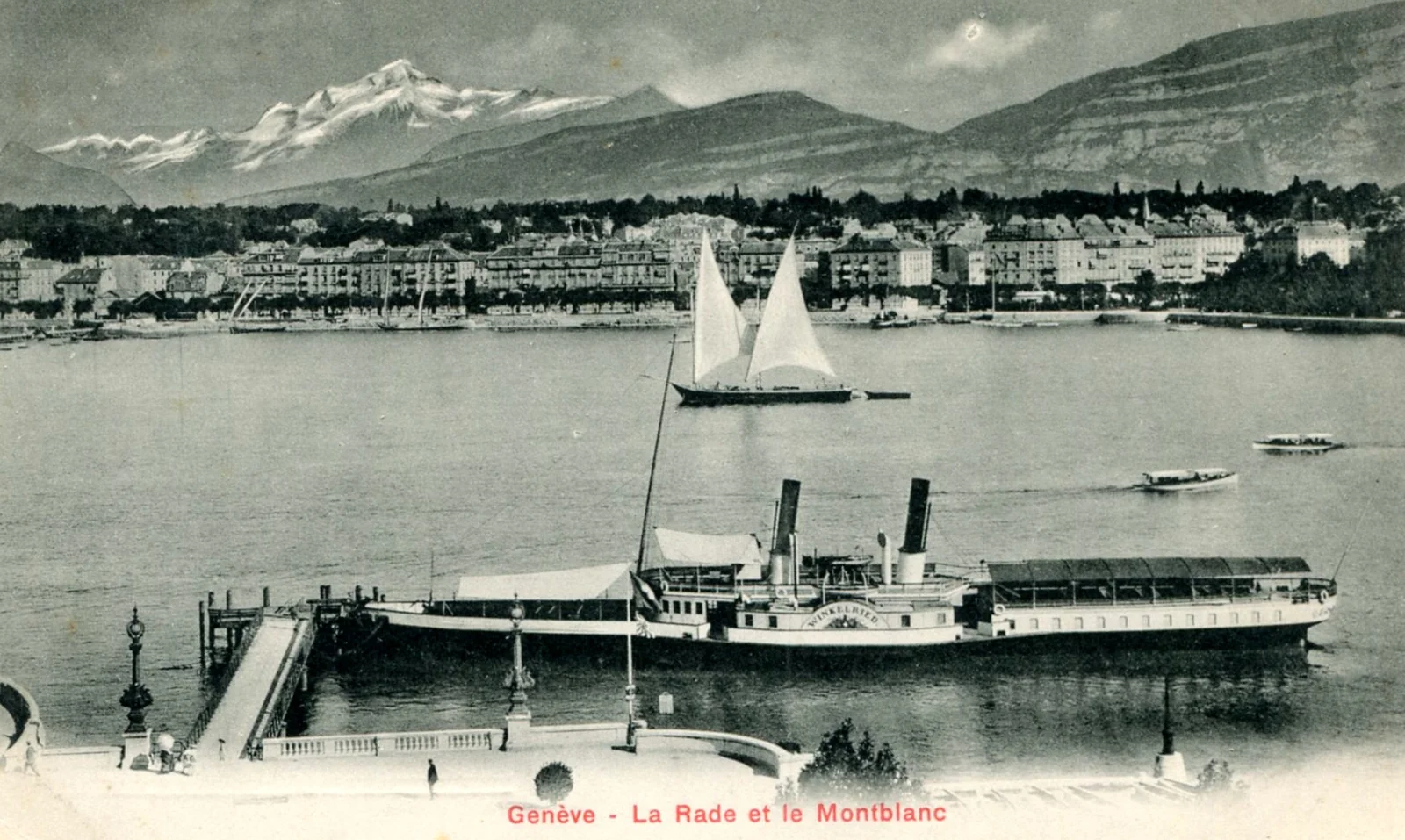 Postkarte: La Rade von Genf mit Raddampfer Winkelried und Mont-Blanc im Hintergrund